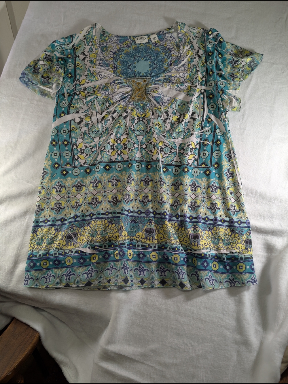 Cato Teal, Yellow‎ & White Boho Medallion Short Sleeve Top Size 18/20